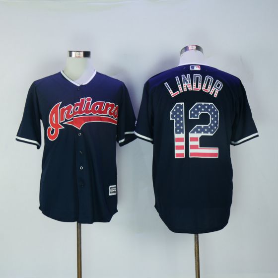 Men Cleveland Indians #12 Francisco Lindor Blue USA Flag Fashion MLB Jerseys->->MLB Jersey